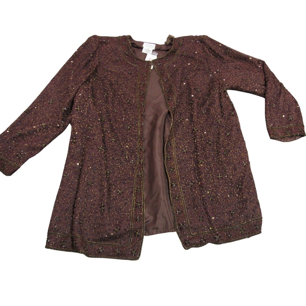 Stenay Woman Brown Beaded Sequin Evening Jacket Plus Size 2X Open Front Formal